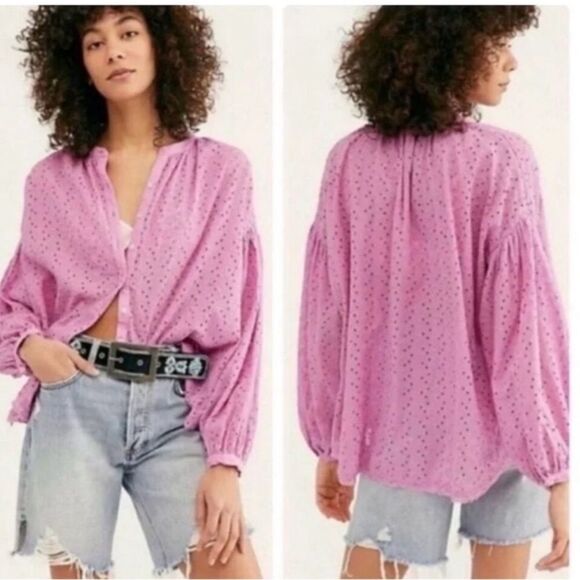 Free People Tops - Free People Lavender Cottage-core Eyelet Long Sleeve Bishop Sleeve Blouse XS